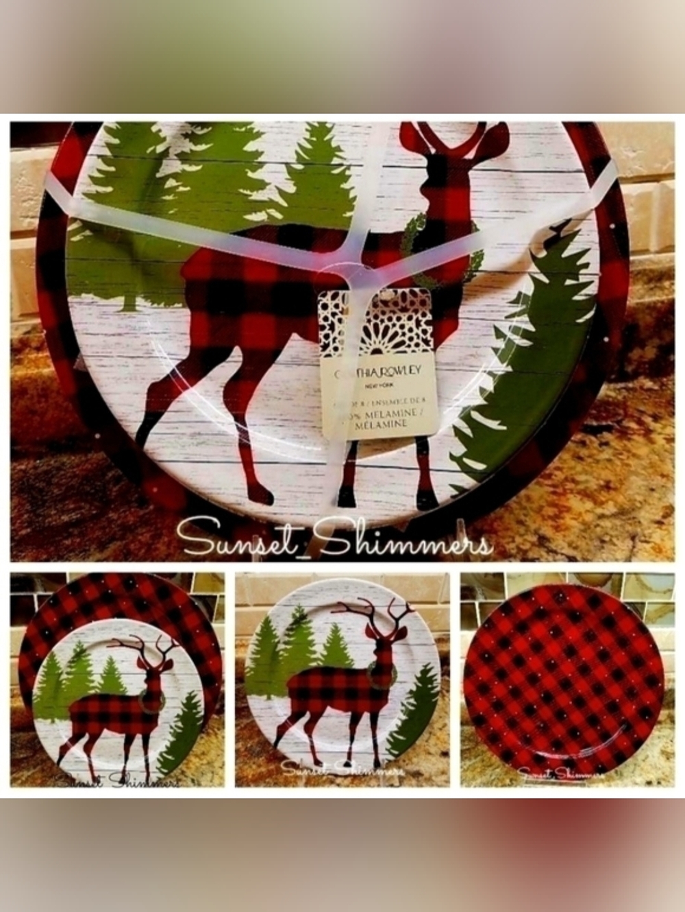 8PC Christmas Reindeer Buffalo Plaid Melamine Dinner & Salad app Dessert Plates